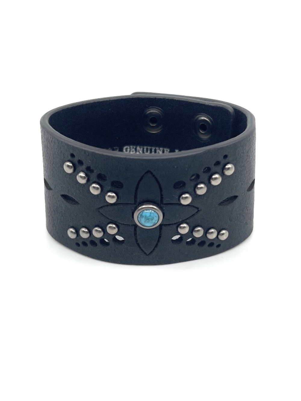 Black Leather Wide Tooled Stud Western Bracelet NEW